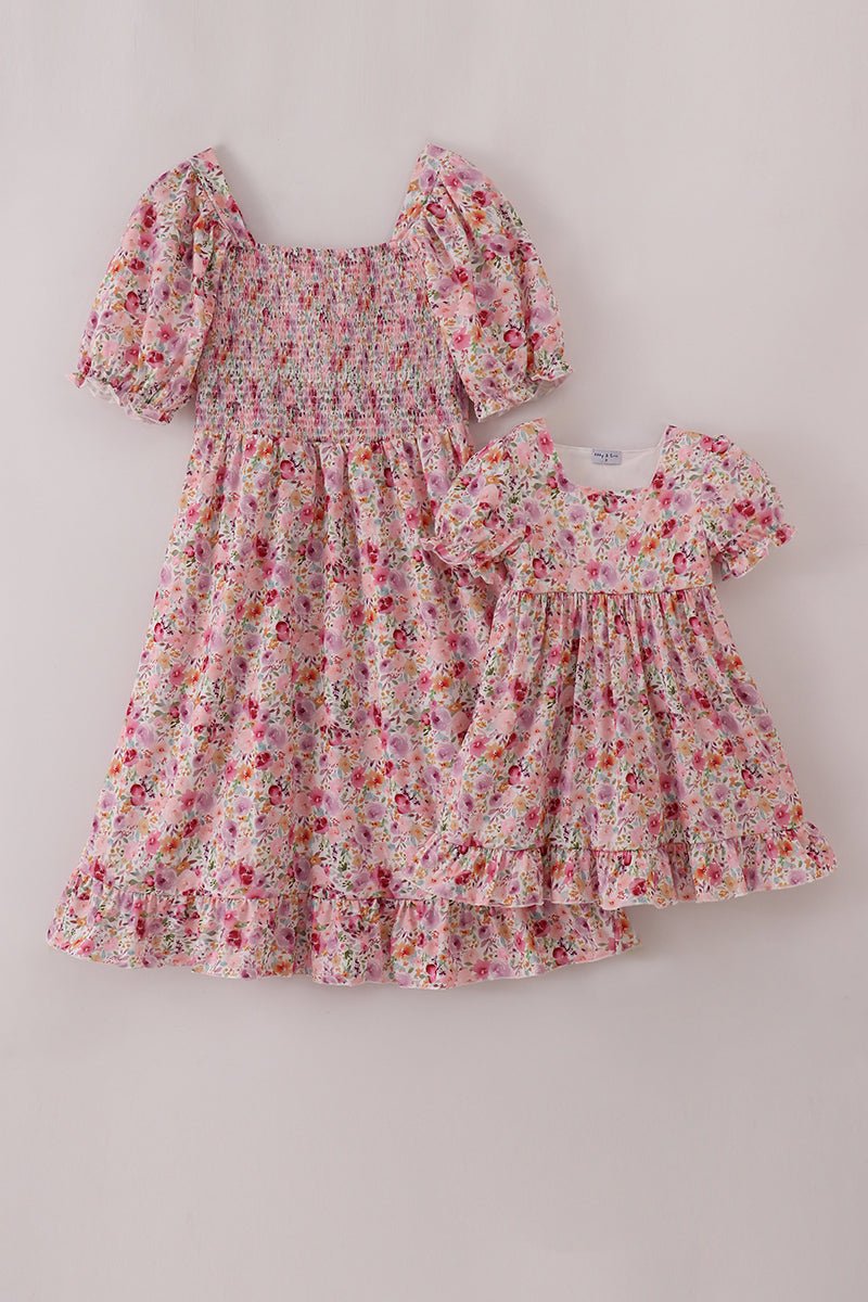 Mommy & Me Pink Floral Ruffle Sleeve Matching Dresses - Blue Marc