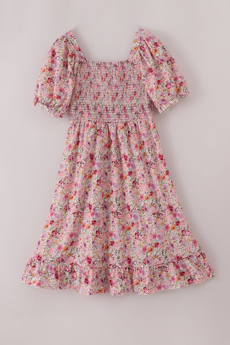 Mommy & Me Pink Floral Ruffle Sleeve Matching Dresses - Blue Marc