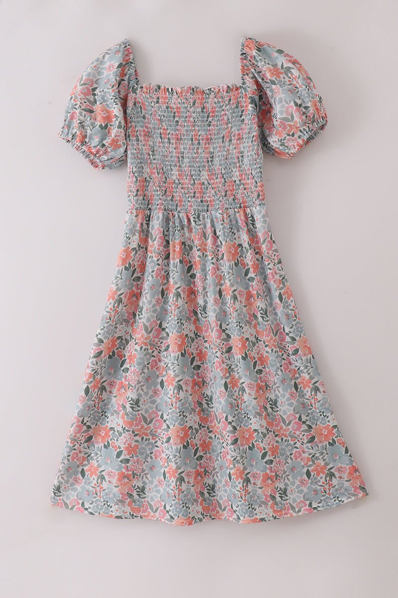 Mommy & Me Rose Garden Smocked Dresses – Matching Puff Sleeve Floral Outfits - Blue Marc