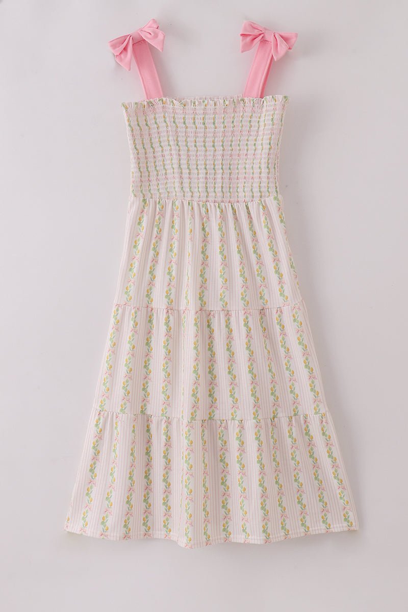 Mommy & Me Smocked Lemon Dresses – Matching Tiered Dresses with Pink Bow Straps - Blue Marc