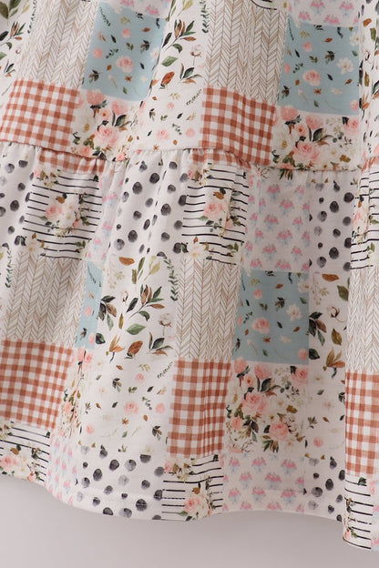 Mommy Patchwork Floral Midi Dress with Flutter Sleeves - Blue Marc
