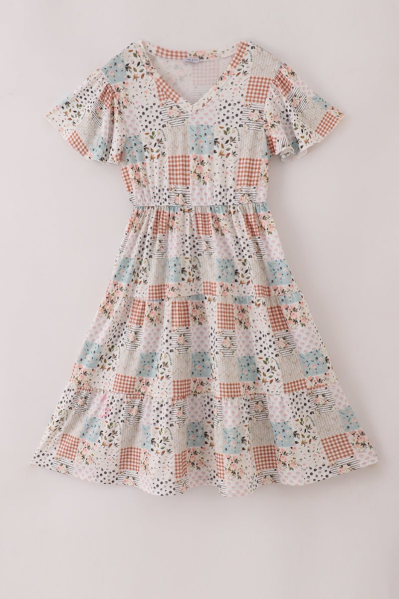 Mommy Patchwork Floral Midi Dress with Flutter Sleeves - Blue Marc