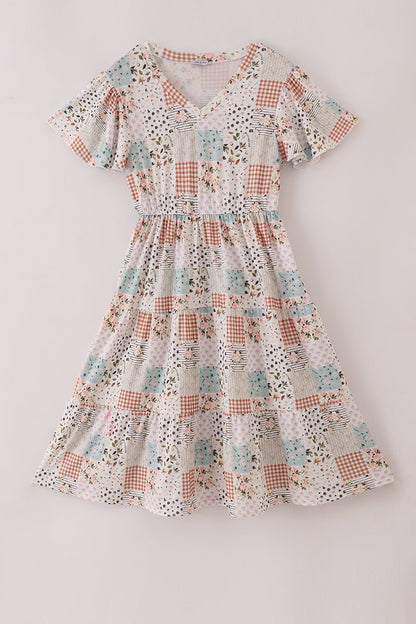 Mommy Patchwork Floral Midi Dress with Flutter Sleeves - Blue Marc