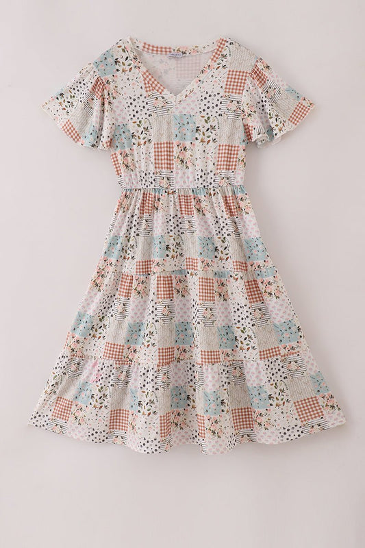 Mommy Patchwork Floral Midi Dress with Flutter Sleeves - Blue Marc