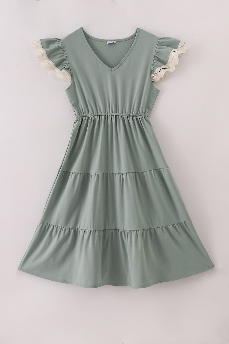 Mommy Sage Green Tiered Ruffle Sleeve Dress – Matching Family Look - Blue Marc