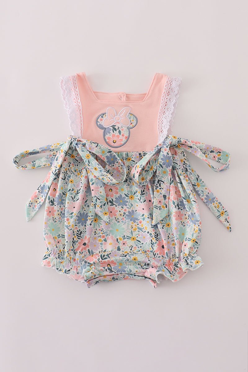 Mouse Garden Blooms Romper – Baby Girl Floral Ruffle Outfit - Blue Marc