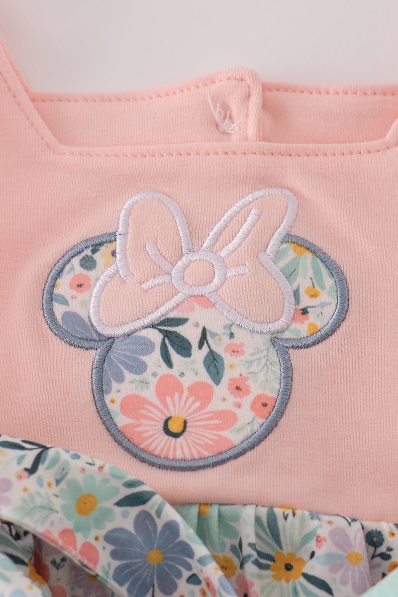 Mouse Garden Blooms Romper – Baby Girl Floral Ruffle Outfit - Blue Marc