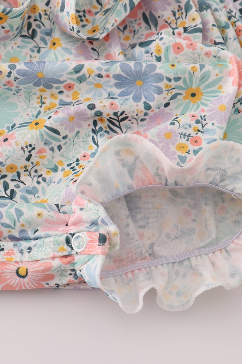 Mouse Garden Blooms Romper – Baby Girl Floral Ruffle Outfit - Blue Marc