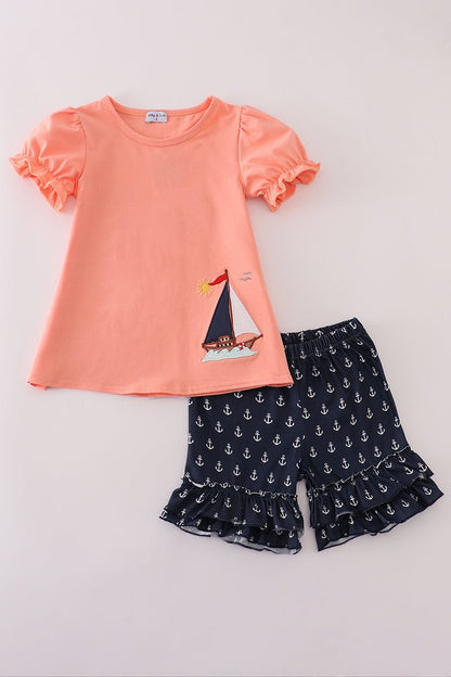 Nautical Adventure Girls Set – Sailboat Ruffle Sleeve Top & Anchor Print Shorts - Blue Marc