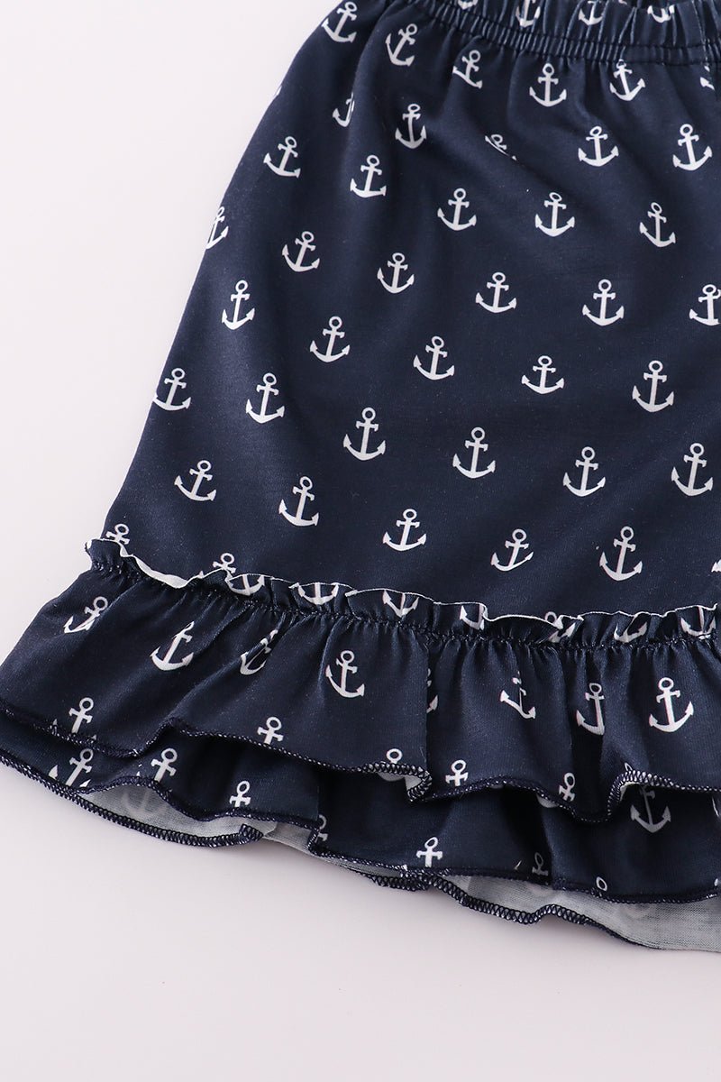 Nautical Adventure Girls Set – Sailboat Ruffle Sleeve Top & Anchor Print Shorts - Blue Marc