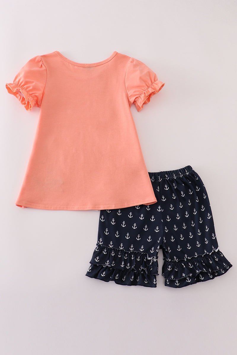 Nautical Adventure Girls Set – Sailboat Ruffle Sleeve Top & Anchor Print Shorts - Blue Marc