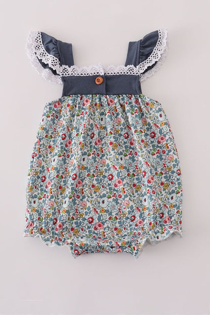 Navy Garden Flutter Sleeve Baby Romper – Floral Vintage Style - Blue Marc