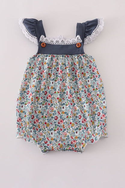 Navy Garden Flutter Sleeve Baby Romper – Floral Vintage Style - Blue Marc