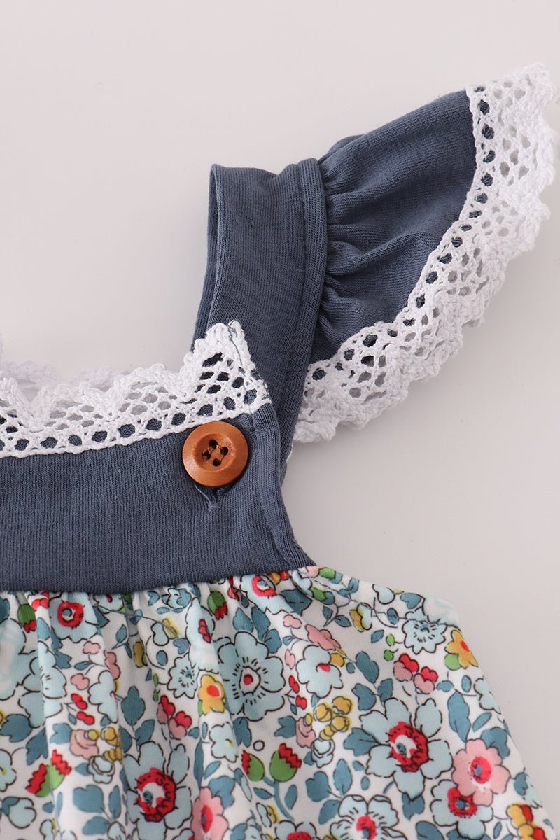 Navy Garden Flutter Sleeve Baby Romper – Floral Vintage Style - Blue Marc
