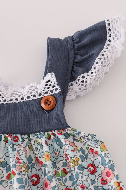 Navy Garden Flutter Sleeve Baby Romper – Floral Vintage Style - Blue Marc