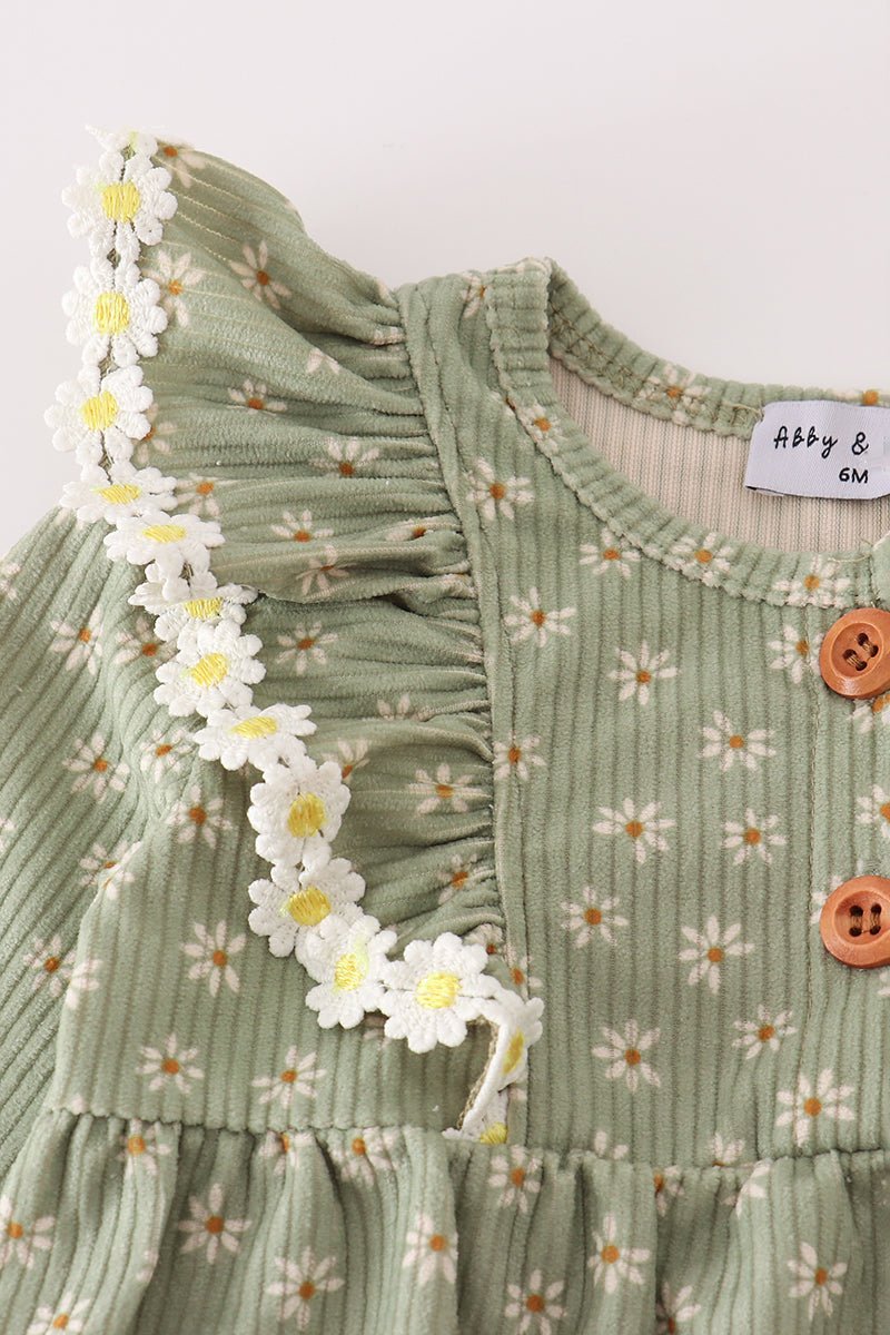 Olive Floral Ruffle Baby Romper – Fall Corduroy - Blue Marc