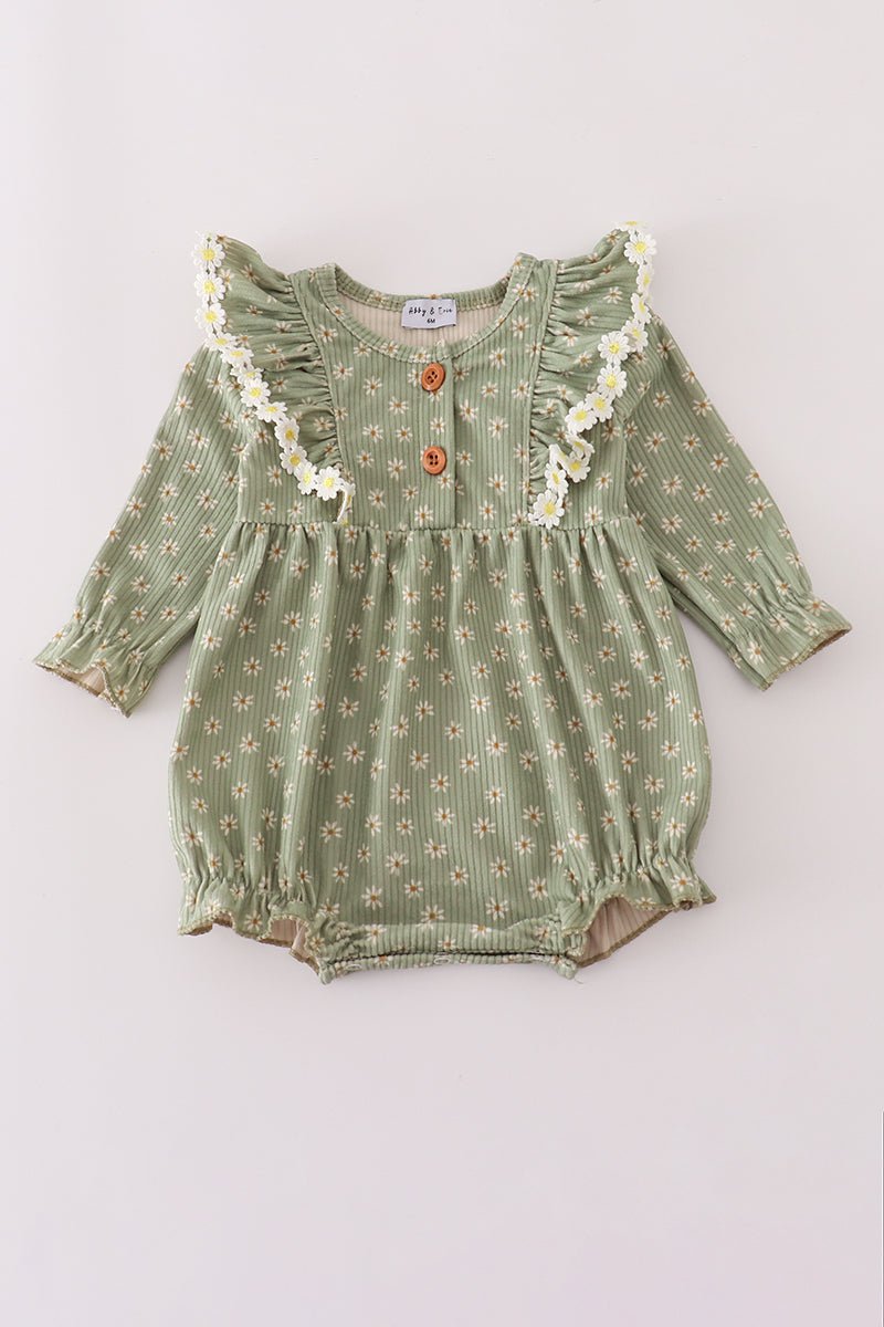 Olive Floral Ruffle Baby Romper – Fall Corduroy - Blue Marc