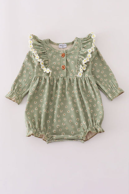 Olive Floral Ruffle Baby Romper – Fall Corduroy - Blue Marc