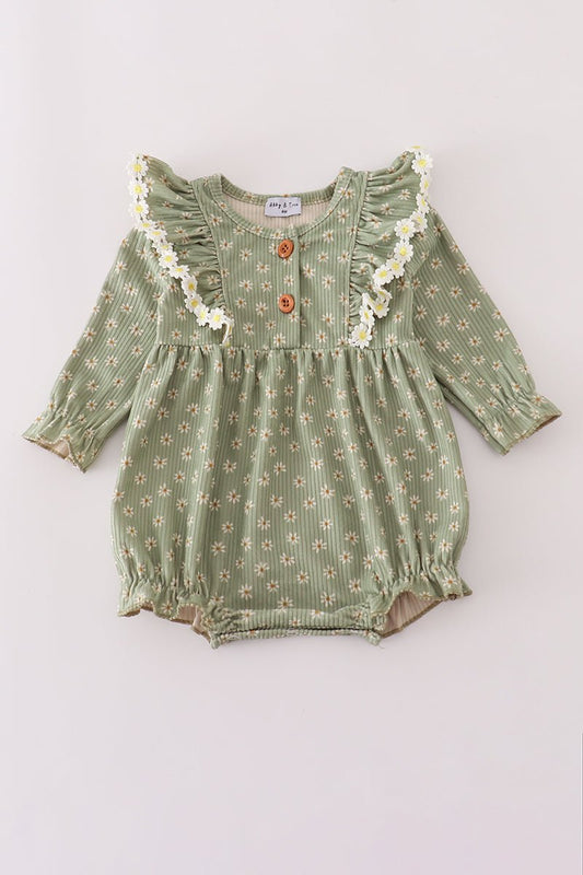 Olive Floral Ruffle Baby Romper – Fall Corduroy - Blue Marc