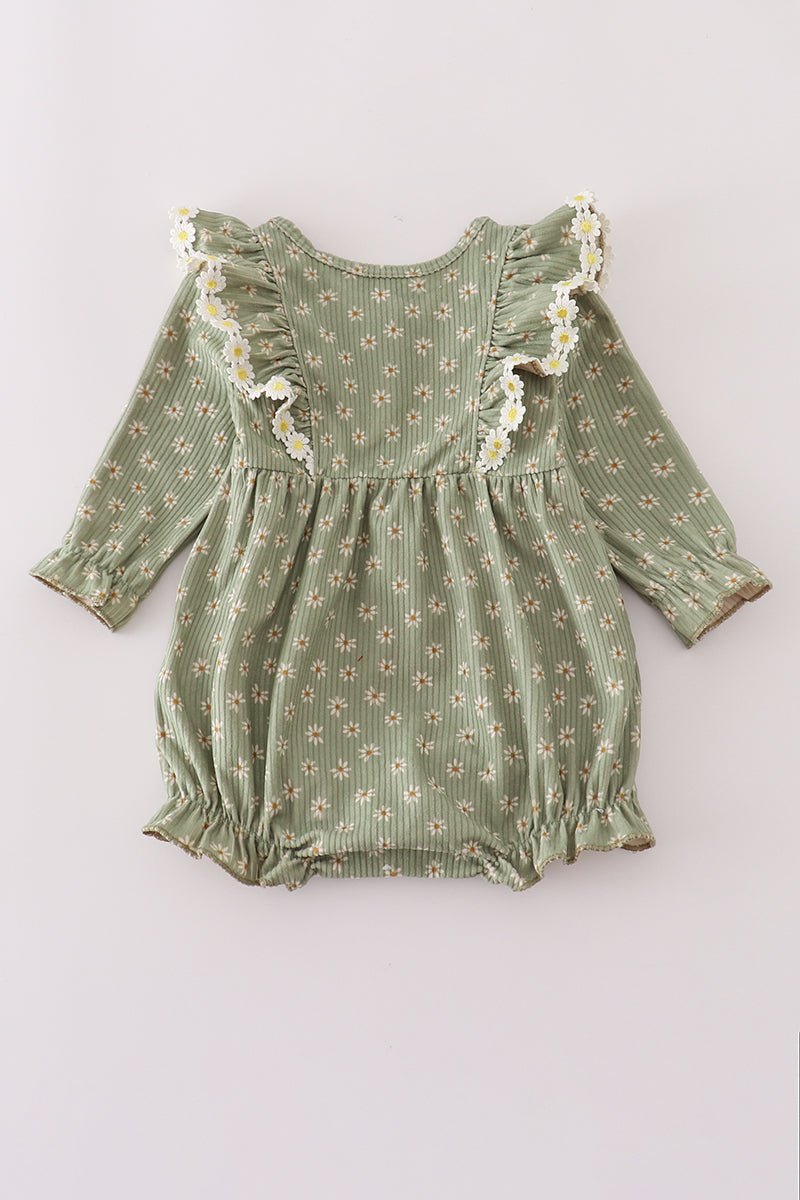 Olive Floral Ruffle Baby Romper – Fall Corduroy - Blue Marc