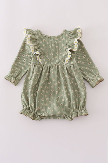 Olive Floral Ruffle Baby Romper – Fall Corduroy - Blue Marc