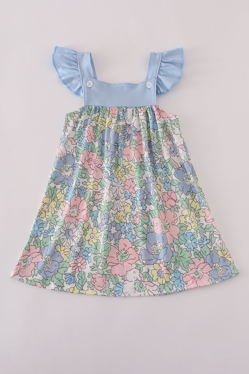 Pastel Floral Girl’s Dress with Blue Ruffle Sleeves – Toddler & Little Girl Spring Outfit - Blue Marc