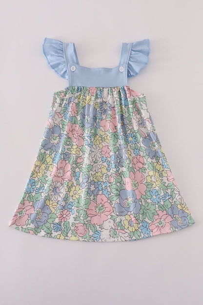 Pastel Floral Girl’s Dress with Blue Ruffle Sleeves – Toddler & Little Girl Spring Outfit - Blue Marc