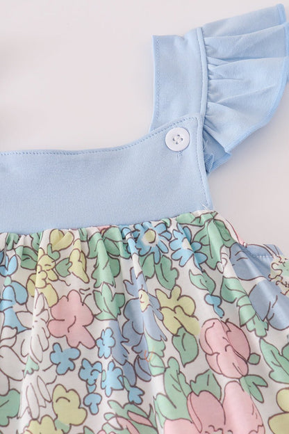 Pastel Floral Girl’s Dress with Blue Ruffle Sleeves – Toddler & Little Girl Spring Outfit - Blue Marc
