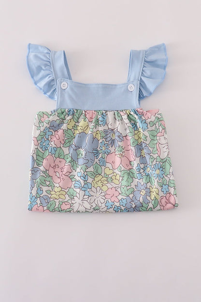 Pastel Floral Girl’s Dress with Blue Ruffle Sleeves – Toddler & Little Girl Spring Outfit - Blue Marc