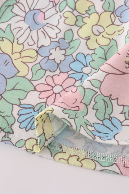 Pastel Floral Girl’s Dress with Blue Ruffle Sleeves – Toddler & Little Girl Spring Outfit - Blue Marc
