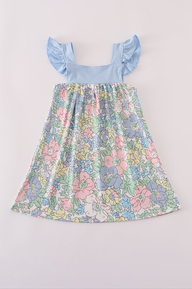 Pastel Floral Girl’s Dress with Blue Ruffle Sleeves – Toddler & Little Girl Spring Outfit - Blue Marc