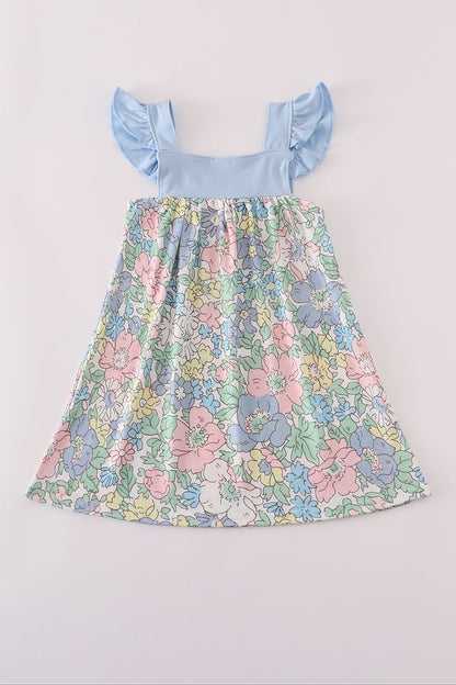 Pastel Floral Girl’s Dress with Blue Ruffle Sleeves – Toddler & Little Girl Spring Outfit - Blue Marc