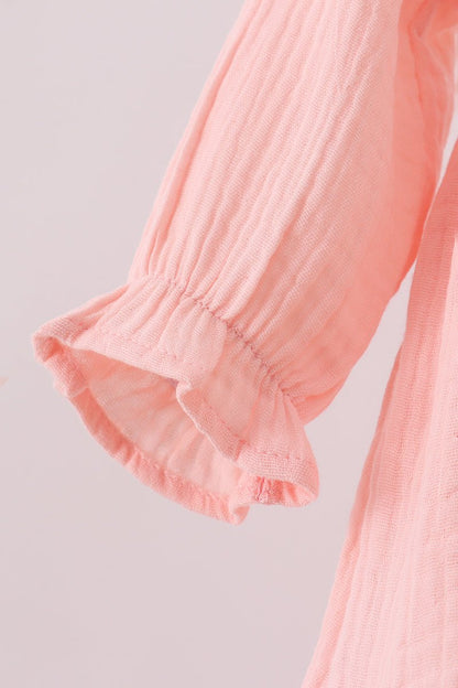 Peach Ruffle Muslin Baby Girl Romper – Soft Long Sleeve Infant Outfit - Blue Marc