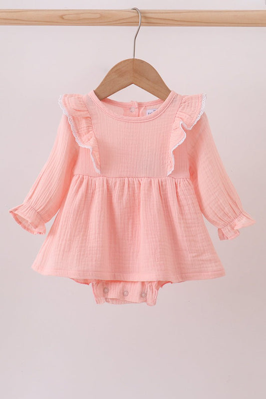 Peach Ruffle Muslin Baby Girl Romper – Soft Long Sleeve Infant Outfit - Blue Marc