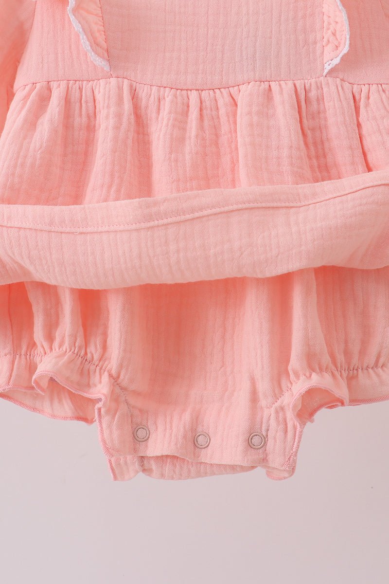 Peach Ruffle Muslin Baby Girl Romper – Soft Long Sleeve Infant Outfit - Blue Marc