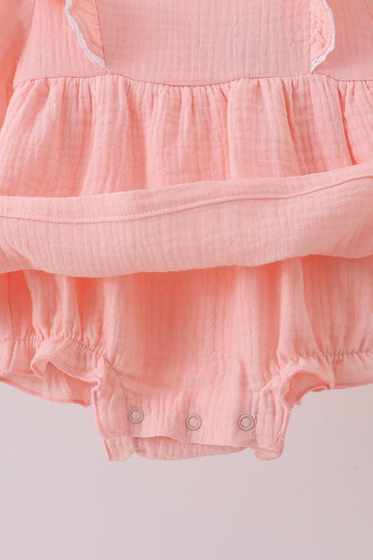 Peach Ruffle Muslin Baby Girl Romper – Soft Long Sleeve Infant Outfit - Blue Marc