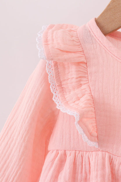 Peach Ruffle Muslin Baby Girl Romper – Soft Long Sleeve Infant Outfit - Blue Marc