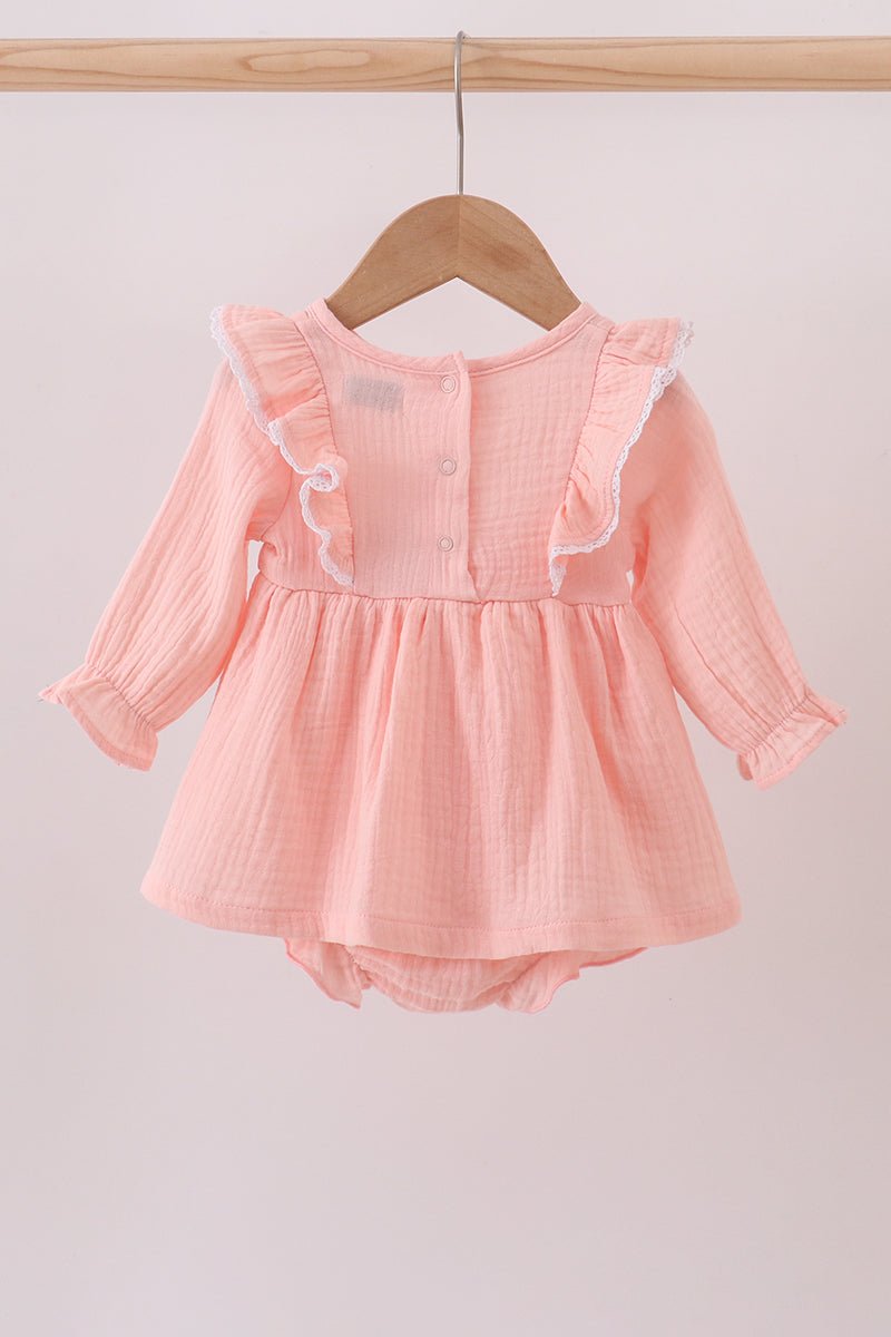 Peach Ruffle Muslin Baby Girl Romper – Soft Long Sleeve Infant Outfit - Blue Marc