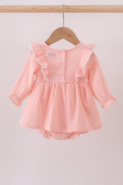 Peach Ruffle Muslin Baby Girl Romper – Soft Long Sleeve Infant Outfit - Blue Marc