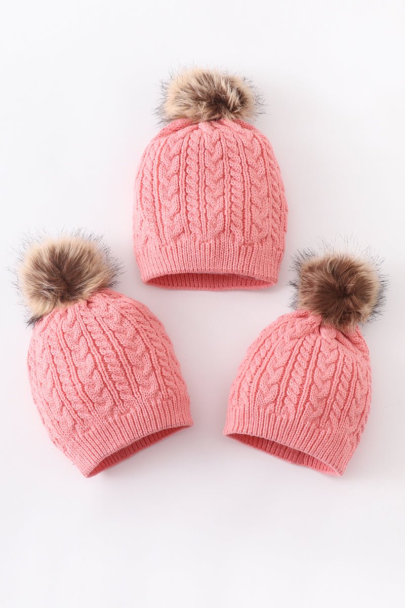 Pink Family Beanies with Faux Fur Pom – Warm and Stylish Winter Hats - Blue Marc