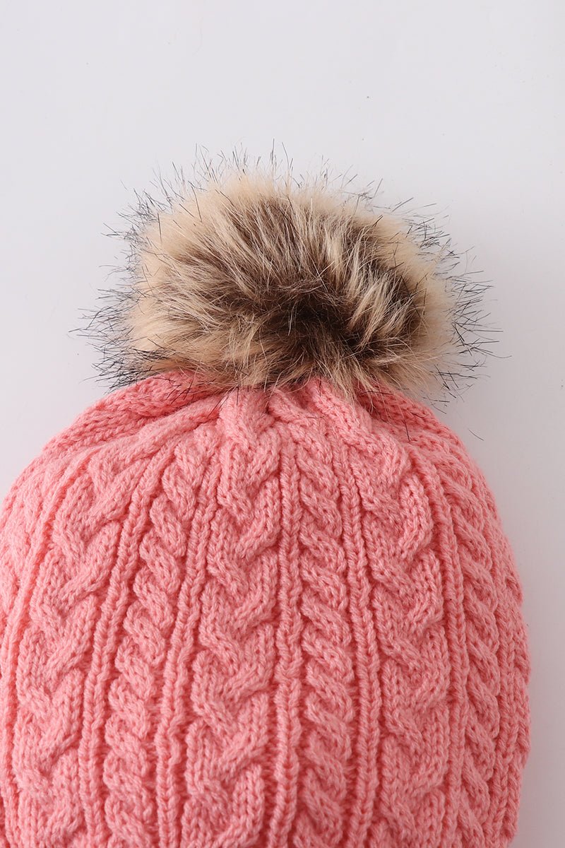 Pink Family Beanies with Faux Fur Pom – Warm and Stylish Winter Hats - Blue Marc