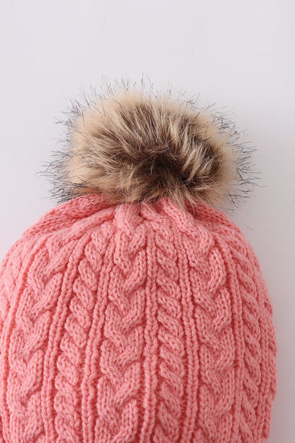 Pink Family Beanies with Faux Fur Pom – Warm and Stylish Winter Hats - Blue Marc