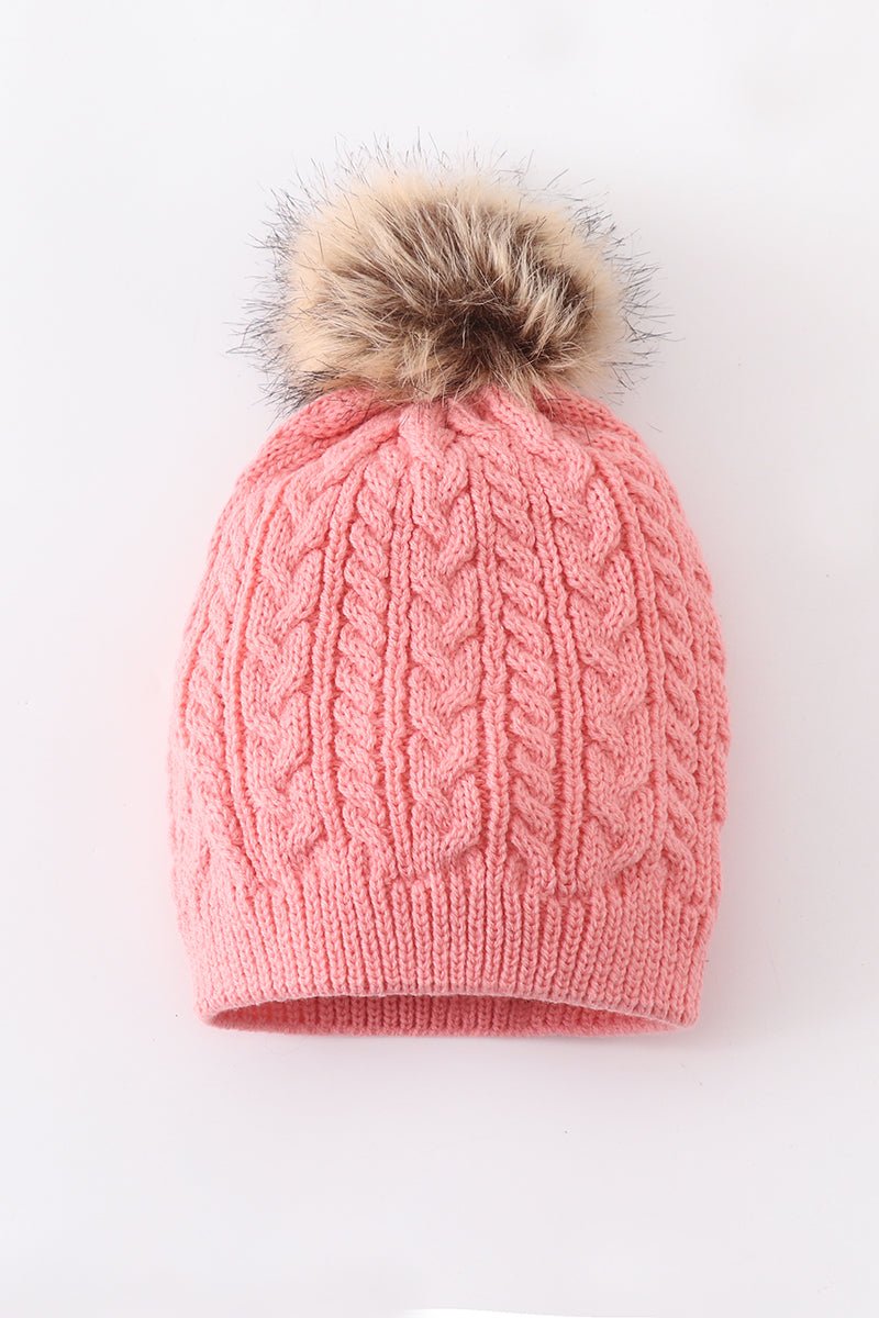 Pink Family Beanies with Faux Fur Pom – Warm and Stylish Winter Hats - Blue Marc