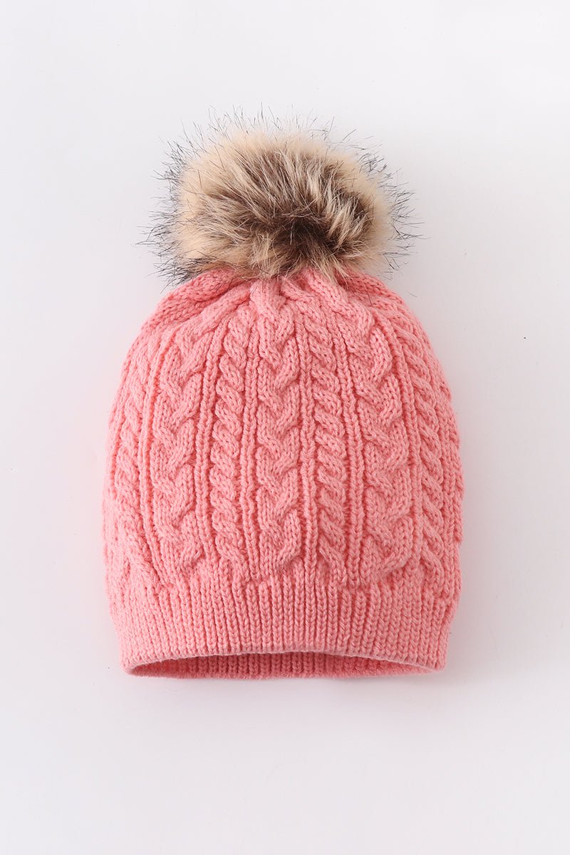 Pink Family Beanies with Faux Fur Pom – Warm and Stylish Winter Hats - Blue Marc