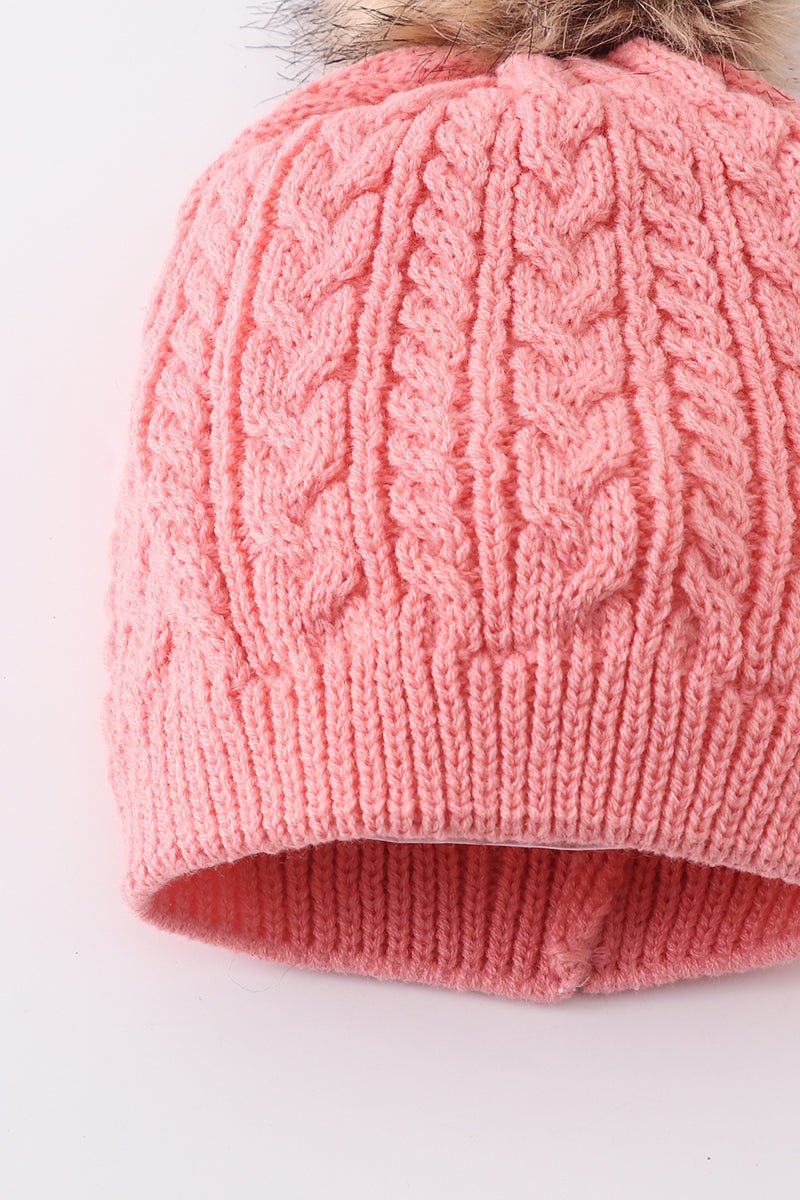 Pink Family Beanies with Faux Fur Pom – Warm and Stylish Winter Hats - Blue Marc