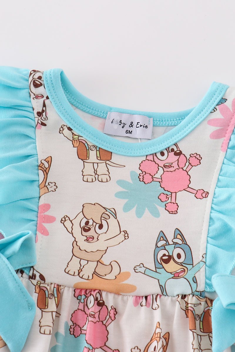 Playful Pups Ruffle Romper – Bluey & Friends Edition for Baby Girl - Blue Marc