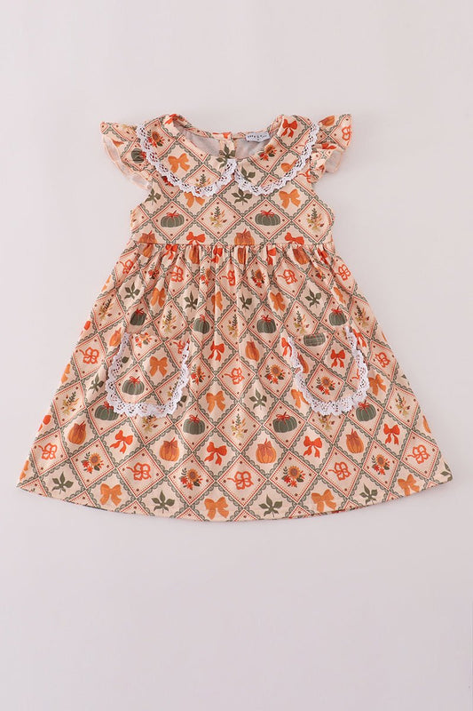 Pumpkin Patch Fall Dress for Girls – Lace Trim Autumn Style - Blue Marc