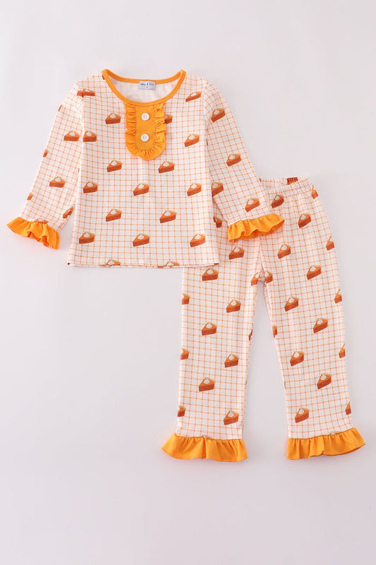 Pumpkin Pie Ruffle Pajama Set for Girls – Long Sleeve Fall Sleepwear - Blue Marc