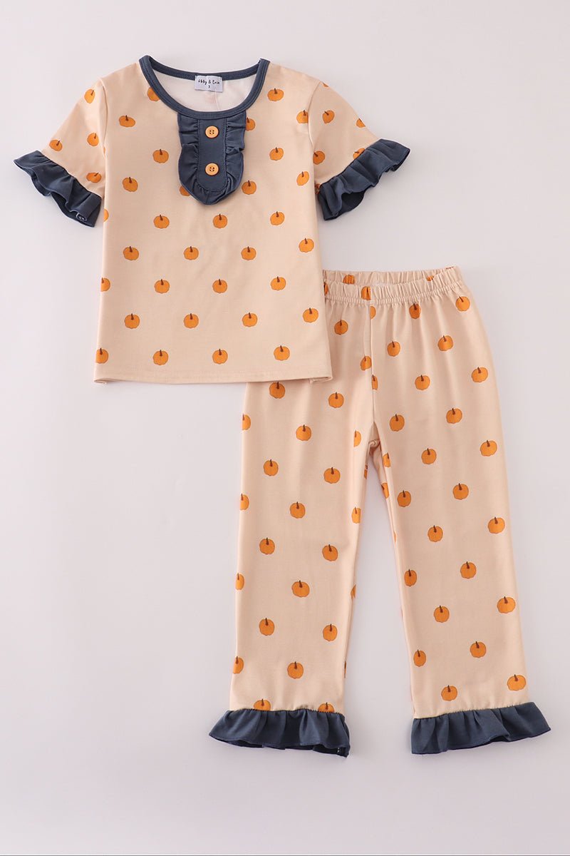Pumpkin Polka Dot Ruffle Pajama Set for Girls - Blue Marc