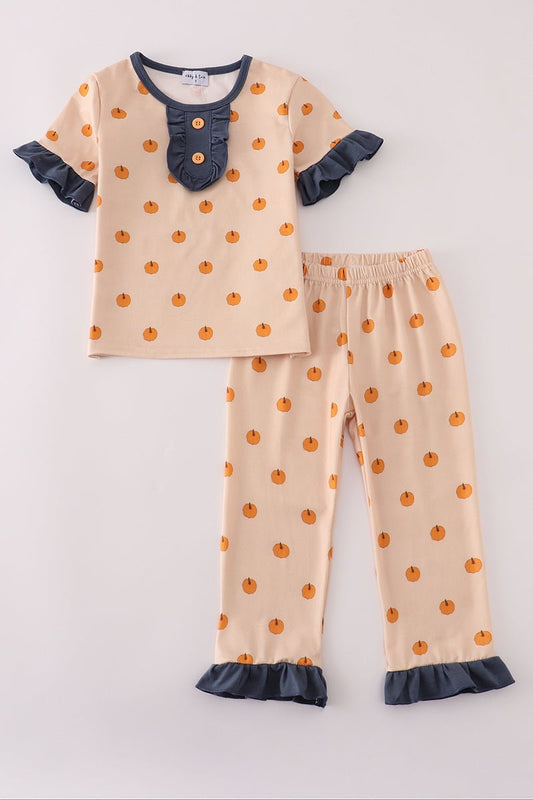 Pumpkin Polka Dot Ruffle Pajama Set for Girls - Blue Marc
